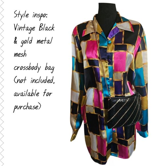 Vintage Christie & Jill Colorful Colorblock Satin Button-down Long Blouse Size M - Picture 5 of 6